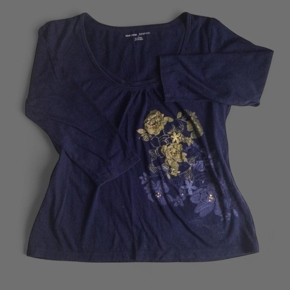 NY&C Navy Blue Gold Floral Rhinestone Shirt Top